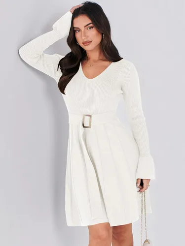 Vista 3 de ANRABESS Vestido tipo suéter de manga larga con cuello en V y lazo en la cintura, plisado, acampanado, elegante, de punto acanalado, vestido midi