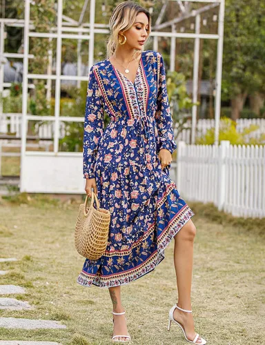 Vista 5 de RVivimos Vestido midi de manga larga de algodón con cuello en V y botones para mujer con estampado floral bohemio