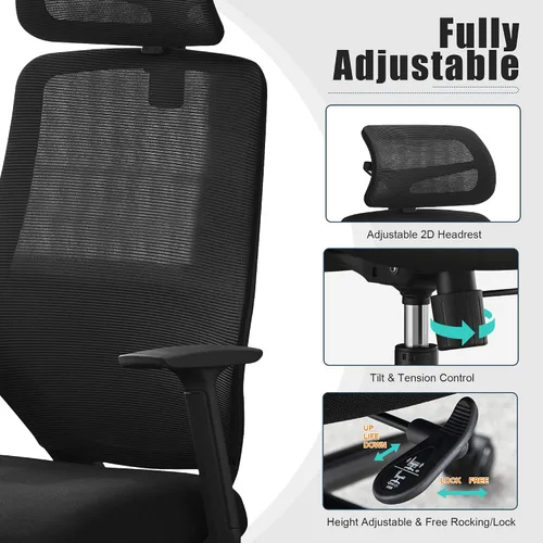 Vista 3 de Okeysen Silla de oficina ergonómica de malla, silla giratoria de computadora con respaldo alto con reposacabezas ajustable 2D, soporte lumbar
