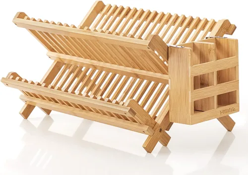 Vista 2 de HBlife Escurreplatos plegable de bambú de 2 niveles con soporte para utensilios y plato de platos, tazón, tazón, tapa de olla, tabla de cortar