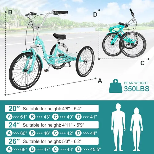 Vista 2 de MOPHOTO Triciclo plegable para adultos, 7 velocidades, 20/24/26 pulgadas, bicicleta de 3 ruedas para personas mayores, mujeres y hombres, bicicleta