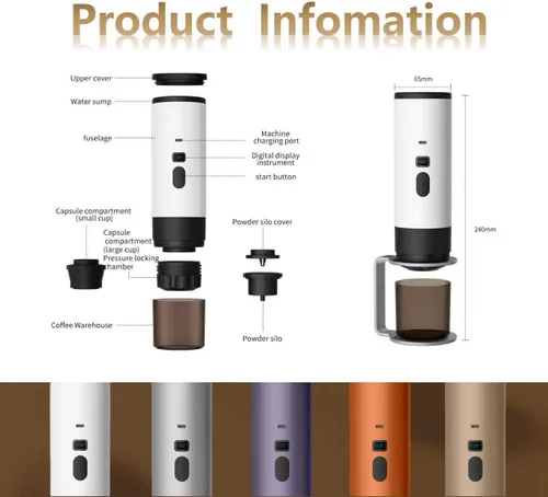 Vista 7 de Cafetera portátil, cafetera recargable USB-C de 15 bar, mini cafetera eléctrica para camping, viajes, coche y oficina (blanco)