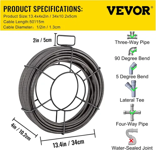 Vista 7 de VEVOR Cable de limpieza de desagüe de 50 pies x 1/2 pulgada, cable de alcantarillado de núcleo sólido, cable de auger de desagüe, cable de limpieza