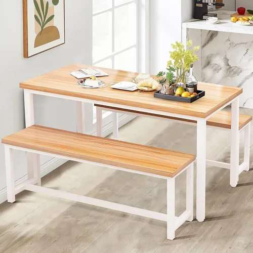 Vista 8 de DKLGG Dining Table Set for 4, Wooden Kitchen Table with 2 Dining Bench
