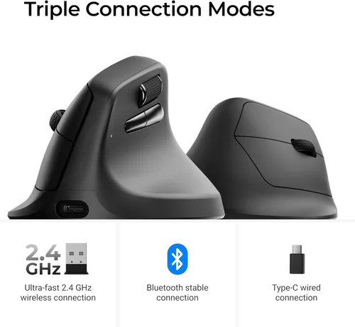 Vista 3 de Keychron M5 - Ratón ergonómico inalámbrico, compacto y vertical con rueda para el pulgar, clics silenciosos, 2.4 GHz/Bluetooth/recargable con cable