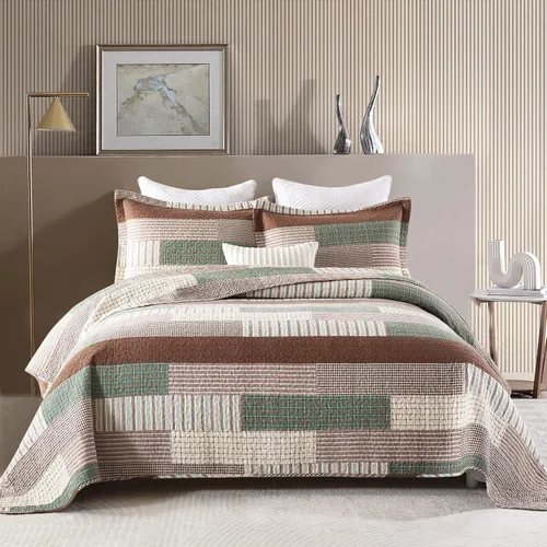 Vista 9 de Finlonte Edredón tamaño King, 100 % algodón, juegos de colcha tamaño King, colchas a cuadros azules, beige y blancas, ligeras, suaves