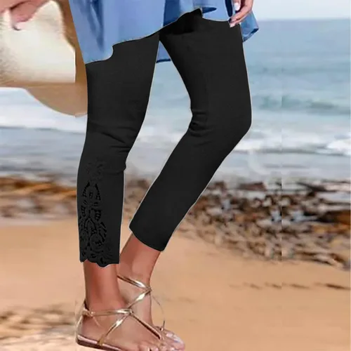 Vista 2 de Featur - Leggings de yoga recortados para mujer, cintura alta, pantalones capri elásticos con costuras de encaje, talla grande, pantalones