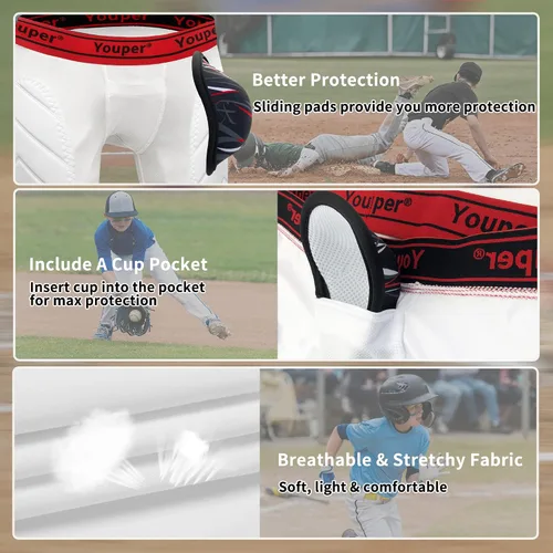 Vista 3 de Youper Pantalones cortos deslizantes acolchados para niños con copa atlética protectora suave para béisbol, fútbol americano, lacrosse