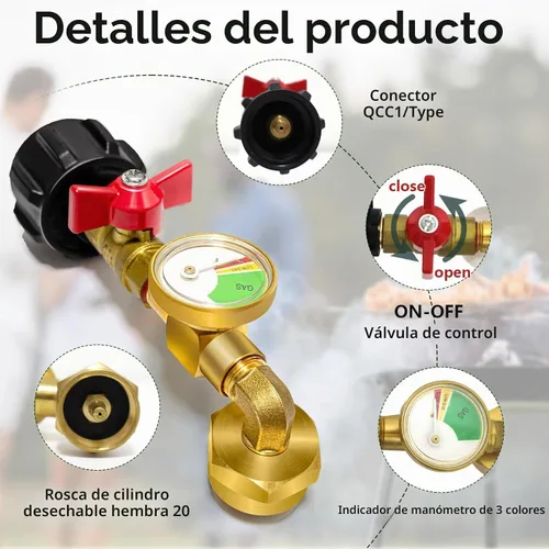 Vista 4 de Adaptador de recarga de propano para tanques de 1 lb, adaptador de propano de 20 lb a 1 lb con válvula de medición, adaptador de codo de recarga