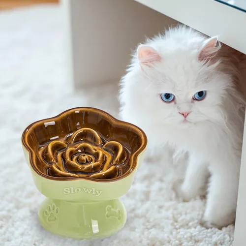 Vista 6 de S&Q's CERAMICS Cuenco elevado de alimentación lenta para gatos, cuenco elevado de cerámica para comida para mascotas para perros pequeños, comedero