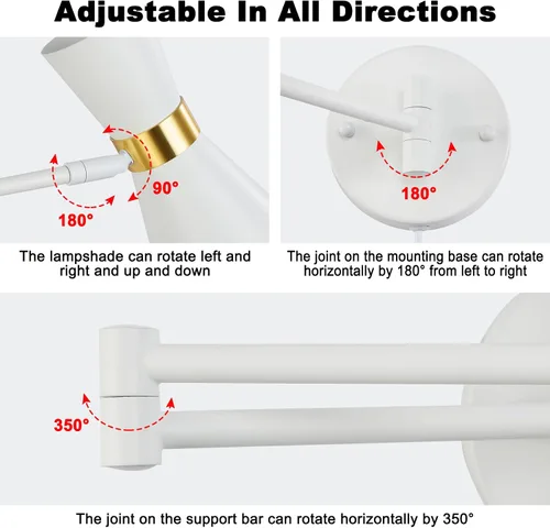 Vista 6 de Moderno aplique de pared con brazo oscilante, lámpara de pared enchufable para mesita de noche, accesorios de pared universales ajustables e
