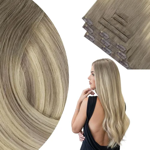 Vista 71 de Ve Sunny Extensiones de cabello clip-in de cabello humano real con reflejos, extensiones de cabello con clip para cabello corto, marrón oscuro