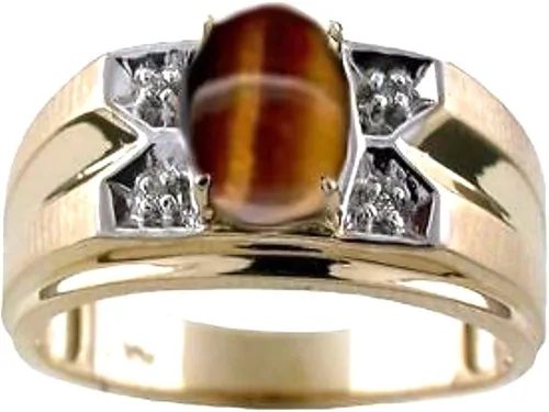 Vista 2 de RYLOS - Anillos para hombre de oro amarillo de 14 quilates para hombre con ojo de tigre y diamante de 0315 x 0236in de color piedra preciosa anillos