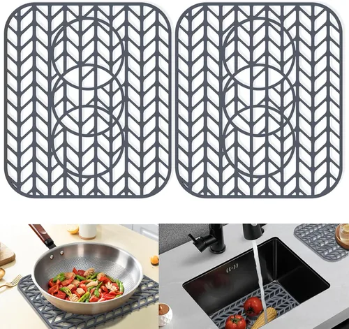 Vista 15 de Protectores de fregadero de cocina de 12 x 11 y 13 x 11 pulgadas, protectores de silicona para fregadero de cocina para la parte inferior del Gris