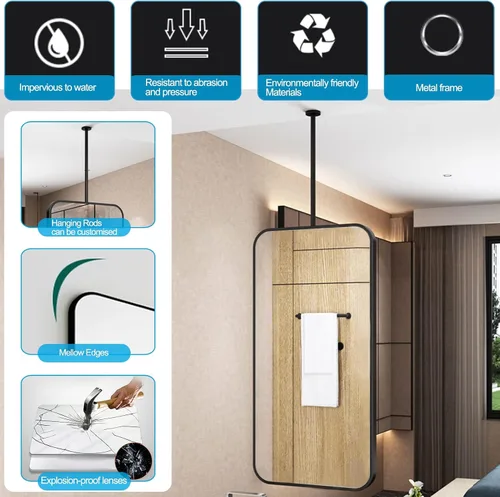 Vista 3 de Espejo cuadrado colgante de techo con marco de metal, espejos decorativos de tocador de pared para baño, espejo colgante de metal negro, espejo