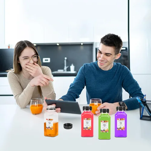 Vista 6 de 48 botellas de plástico vacías de 8 onzas, recipientes transparentes para bebidas caseras con tapas negras a prueba de manipulaciones para jugos
