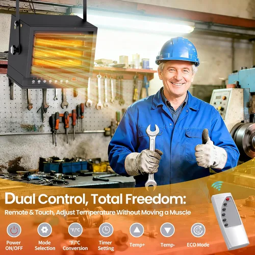 Vista 4 de Calentador eléctrico de garaje de 7500 W con control remoto, calentador de techo cableado de 240 V, calentadores de espacio de garaje con modo ECO