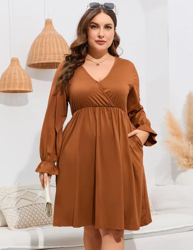 Vista 4 de ShopWonder Vestido de talla grande para mujer, con cuello en V, acampanado, largo hasta la rodilla, vestido de fiesta, minivestido de fiesta