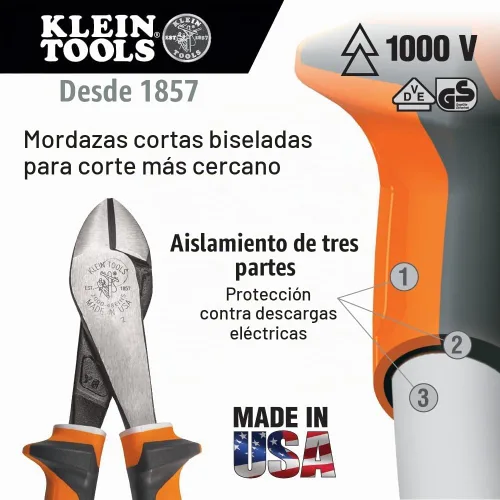 Vista 2 de Klein Tools 200048EINS Alicates fabricados en EE. UU., Alicates de corte diagonal aislados con cabeza en ángulo y empuñaduras aisladas nominales