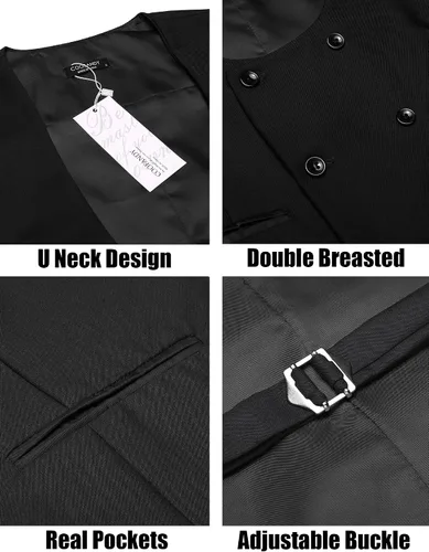 Vista 5 de COOFANDY Chaleco de traje para hombre, ajustado, doble botonadura, chaleco formal de negocios