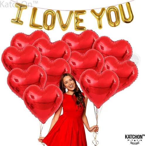 Vista 6 de KatchOn, Juego de globos I Love You, grande, paquete de 2043, juego de globos de oso de peluche grandes, pétalos de rosa rojos, globos de San