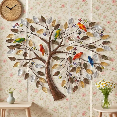 Vista 5 de Xnchhou Escultura de pared hecha a mano, ramas de pájaros, flores en forma de corazón, árbol genealógico, pared, arte de metal, árbol de la vida