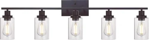 Vista 15 de MELUCEE Aplique de pared negro industrial vintage de 2 luces con pantalla de vidrio transparente y base de metal, luces de tocador de baño, apliques