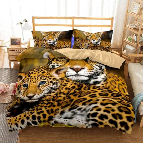 Vista 5 de Juego de ropa de cama 3D con estampado de leopardo, tamaño Queen, juego de funda de edredón realista con fundas de almohada, sábanas, textiles