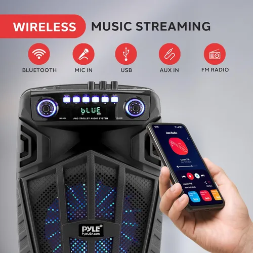 Vista 3 de Pyle 680W Portable Bluetooth PA Speaker - 10" Rechargeable Outdoor Karaoke Speaker, Audio System w/Wireless Mic and Wheels, TWS, Lights, LED
