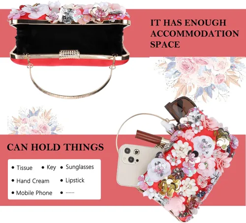 Vista 4 de Fecialy Bolsos de noche florales para mujer, bolsos de mano con diamantes de imitación coloridos, bolso floral para novia, boda, bolso de hombro