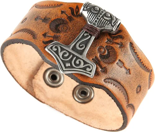 Vista 6 de HZMAN Mjölnir - Pulsera de piel auténtica para hombre diseño gótico ajustable estilo gótico