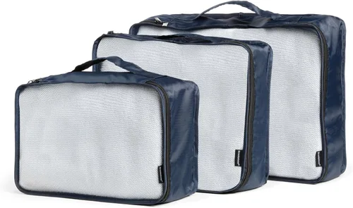 Vista 5 de Brookstone Juego de 4 cubos de embalaje para ropa, organizador de equipaje y bolsa para zapatos, artículos esenciales de viaje, azul marino
