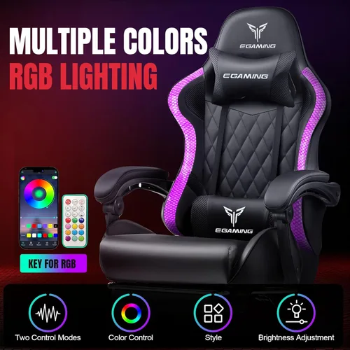 Vista 4 de EXRACING Silla de juegos con reposapiés ergonómica de cuero sintético con respaldo alto y luces LED RGB, reposabrazos de enlace y reposacabezas