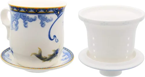 Vista 4 de Taza de té de porcelana con tapa de infusor y juegos de platillos Taza de café de cerámica china Jingdezhen Taza de té de hoja suelta Sistema