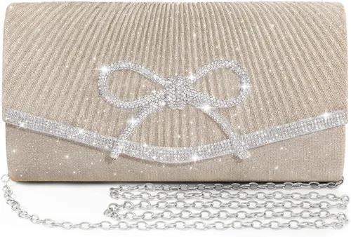 Vista 13 de Bolso de noche para mujer, bolsos de mano con lazo brillante, bolsa cruzada, bolsa de boda, fiesta de diamantes de imitación con purpurina