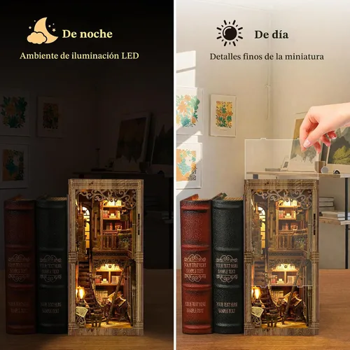 Vista 3 de SUNNINO Kit de Rincón de Libros - Kit de Casa de Muñecas en Miniatura DIY, Rompecabezas 3D de Madera con Luz LED, Kits de Rincón de Libros para Sala
