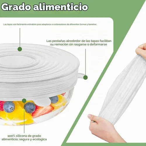 Vista 6 de Tapas elásticas de silicona reutilizables para almacenamiento de alimentos – Cubiertas elásticas para tazones que se ajustan a contenedores redondos