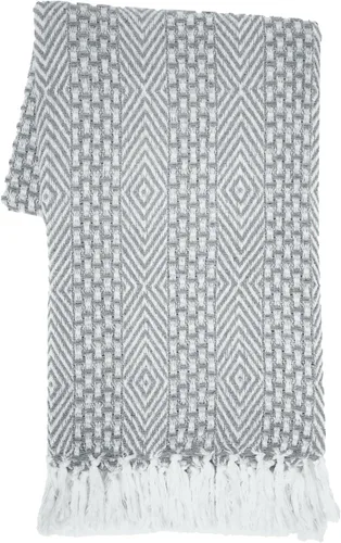 Vista 7 de RAJRANG Manta bohemia de algodón, 50 x 60 pulgadas, manta rústica para sofá para decoración de sala de estar, plumas, gris, beige