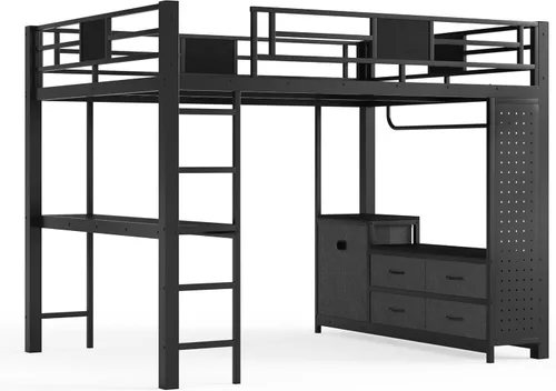 Vista 7 de Cama alta de metal tamaño Queen con escritorio, cajones de almacenamiento y poste de tendedero, marco de cama alta resistente con tablero de Negro