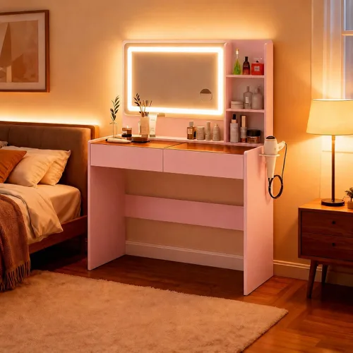 Vista 9 de Escritorio de tocador de maquillaje con espejo y luces, parte superior de Rosa