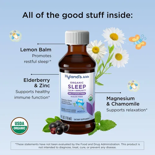 Vista 3 de Hyland's Líquido Orgánico para Dormir Tranquilo e Inmunidad sin Melatonina para Niños, Sin Azúcar con Magnesio, Vitamina D, Zinc y Saúco, Promueve