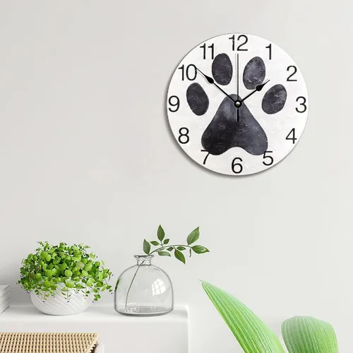 Vista 3 de Reloj de pared con estampado de pata de perro negro, reloj de madera de 10 pulgadas, silencioso, sin tictac, funciona con pilas, para sala de estar