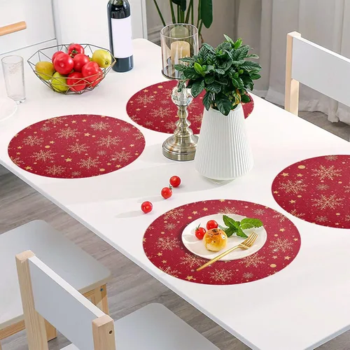 Vista 6 de Elegante mantel individual redondo con copos de nieve dorados, antideslizantes, lavables, para mesa de cocina, talla 1 x 4