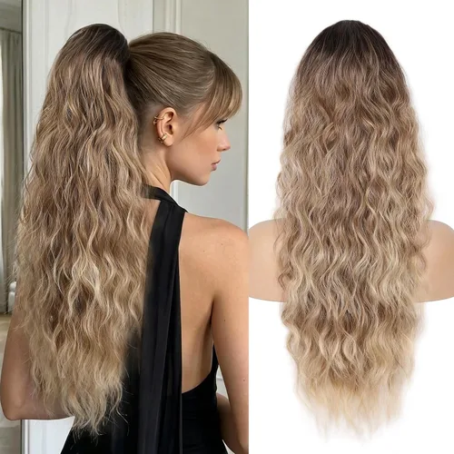 Vista 9 de Extension de cola de caballo con cordón de 26 pulgadas para mujer, extensiones de cola de caballo largas y onduladas, extensiones de cabello Rubio