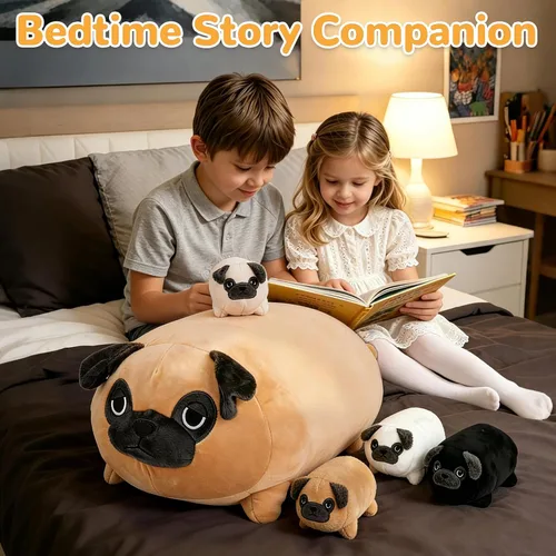 Vista 9 de MMguai Peluche Suave de Bulldog Lindo Bulldog Francés Animales de Peluche con 4 Peluches de Cachorro Bebé en su Barriga, Almohada Blanda Grande