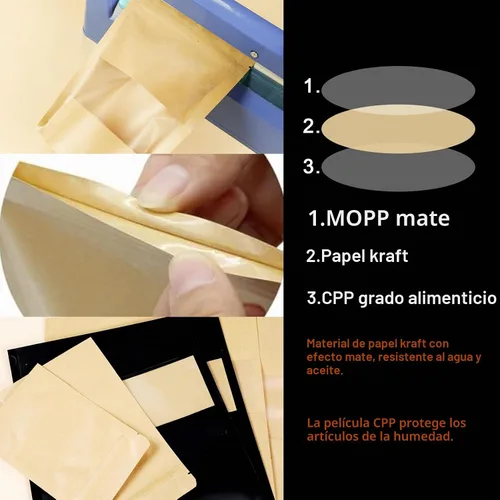 Vista 5 de 100 bolsas resellables, bolsas de papel kraft verticales con ventana mate, bolsas de almacenamiento de alimentos con cierre de cremallera