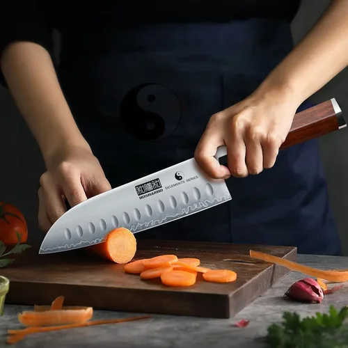 Vista 5 de HOSHANHO Cuchillo Santoku de 7 pulgadas, cuchillo de chef profesional japonés de acero de alto carbono, cuchillo de cocina afilado con mango