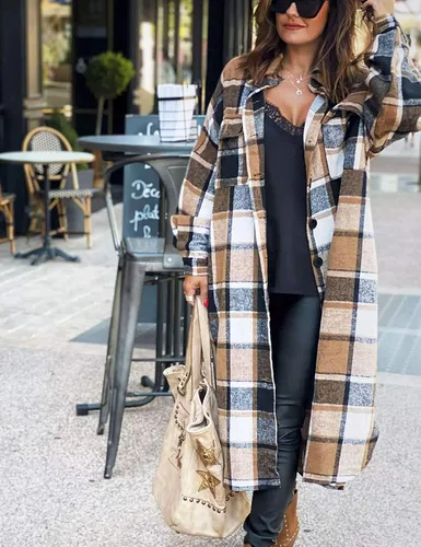 Vista 2 de Omoone - Chaqueta de manga larga con botones para mujer diseño a cuadros de ajuste holgado
