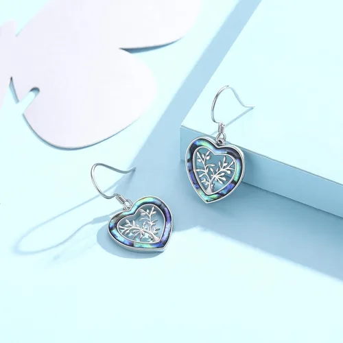 Vista 3 de Aretes de plata de ley 925 con forma de árbol de la vida, con forma de corazón de abulón, árbol genealógico, joyería de corazón para mujer, Plata