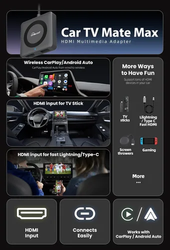Vista 3 de OTTOCAST 4 en 1 Car TV Mate Max y adaptador inalámbrico Carplay/Android Auto Adaptador de coche HDMI, iPhone y Android, viendo películas